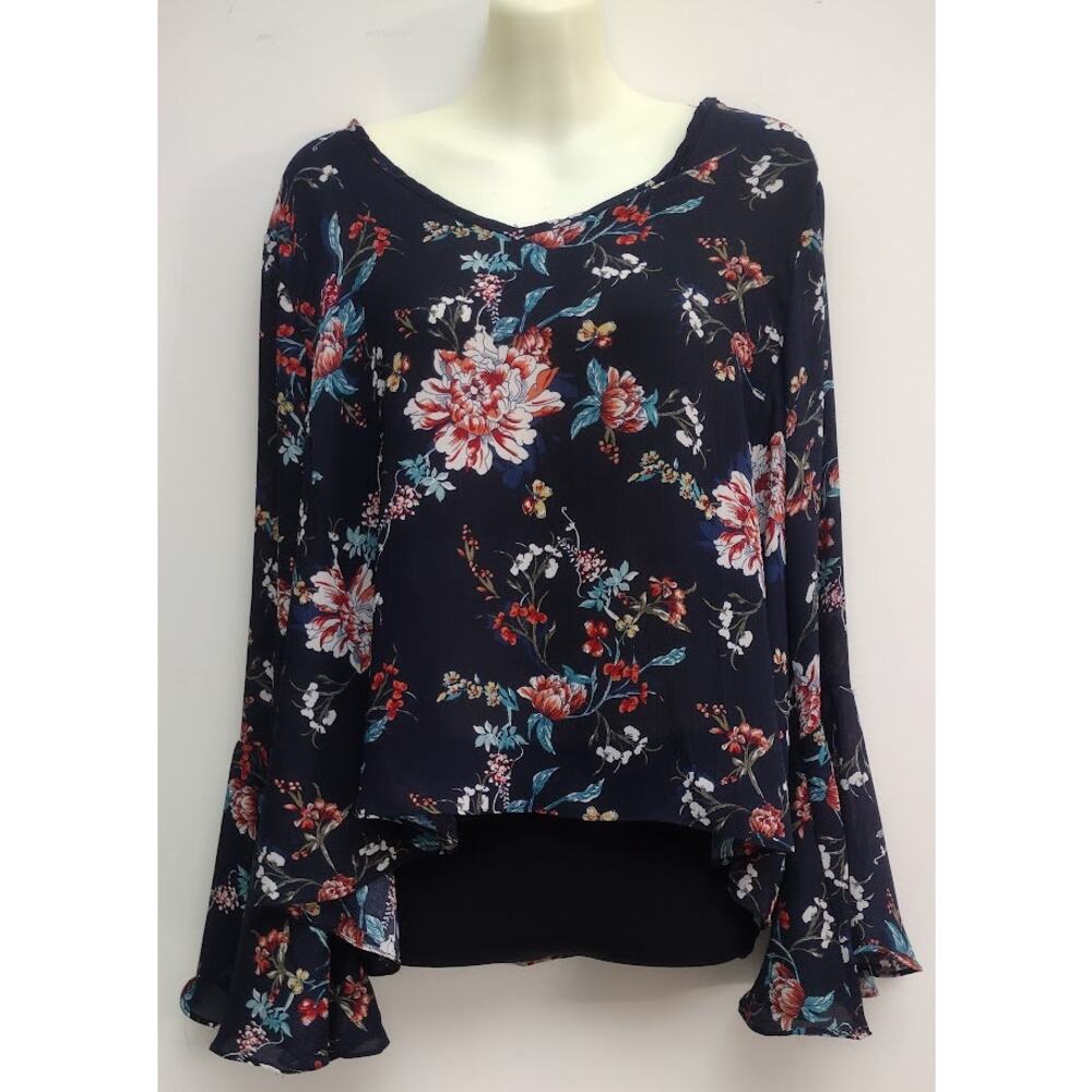 Cliche Long Sleeve Cropped Floral Print Top, Dark Navy, Size S
